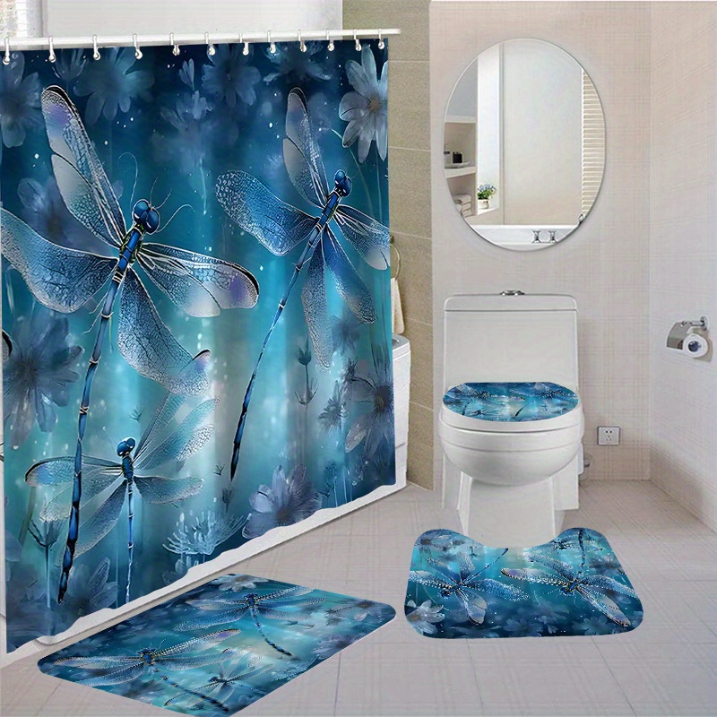 

Dragonfly Waterproof Bathroom Shower Curtain Set With 12 Hooks: Includes Toilet Seat Cover, Bath Mats, And Rugs - Non-slip, Polyester Fabric, Washable, Animal Theme, Other Patterns, Fashion Design