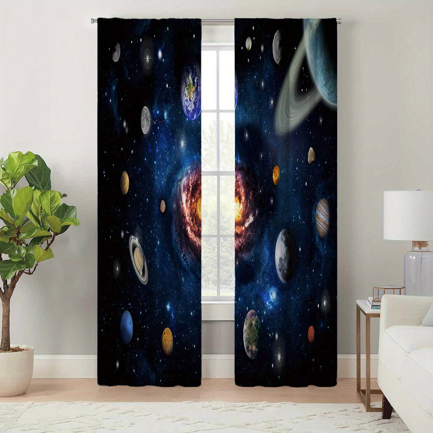 

Space Themed Blackout Curtains | Living Room Pastoral Jacquard Weave | Polyester Cosmic Planets & Galaxy Print Drapes With Tie Back | Machine Washable, Easy-hang Boho Style Curtain Panels