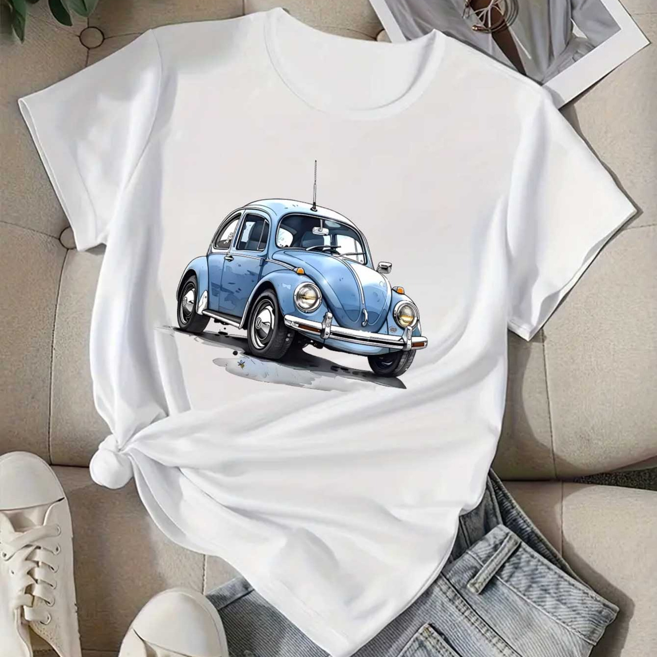 

Car Print Casual T-shirt, Crew Neck Short Sleeves Fashion Sports Tee, Women's Comfy Tops