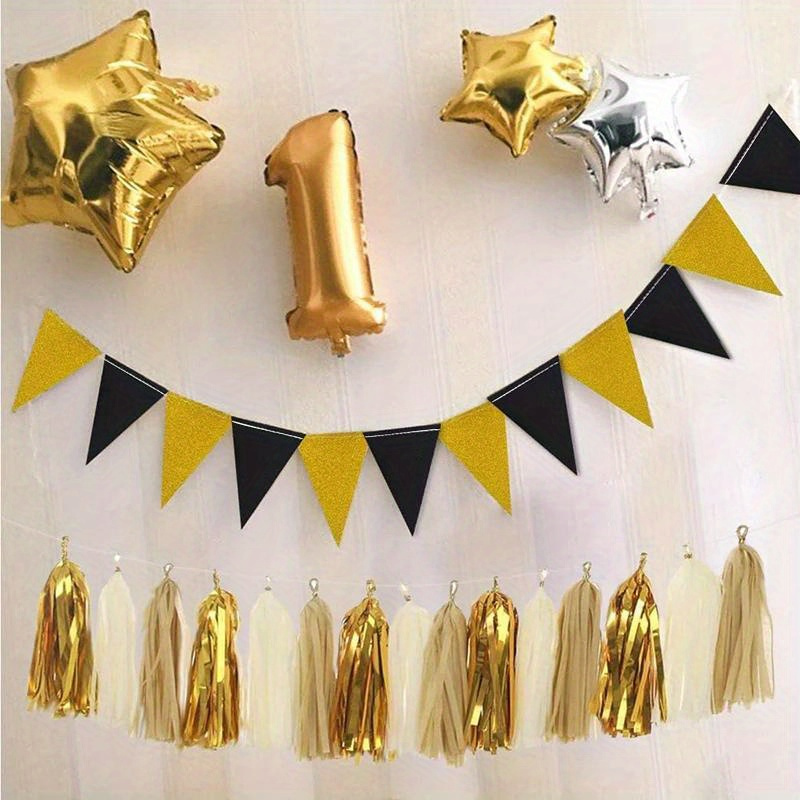 

1pc, 10 Flags Birthday, Wedding, Graduation Party Black Gold Triangle Flag Party Background Banner Decor Party Decor Supplies, Home Decor Supplies