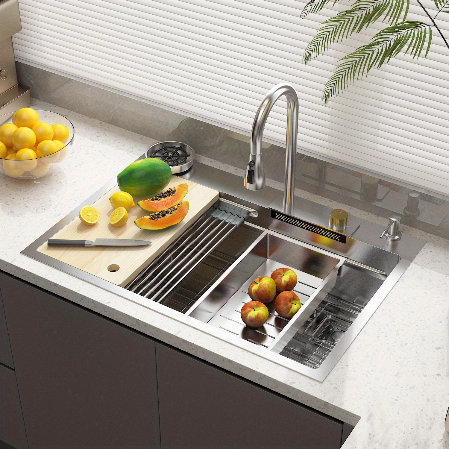 

Stainless Steel Kitchen Sink Set With Pull-out Faucet And Waterfall (33.2''w X 22.7''d X 8.9''h)