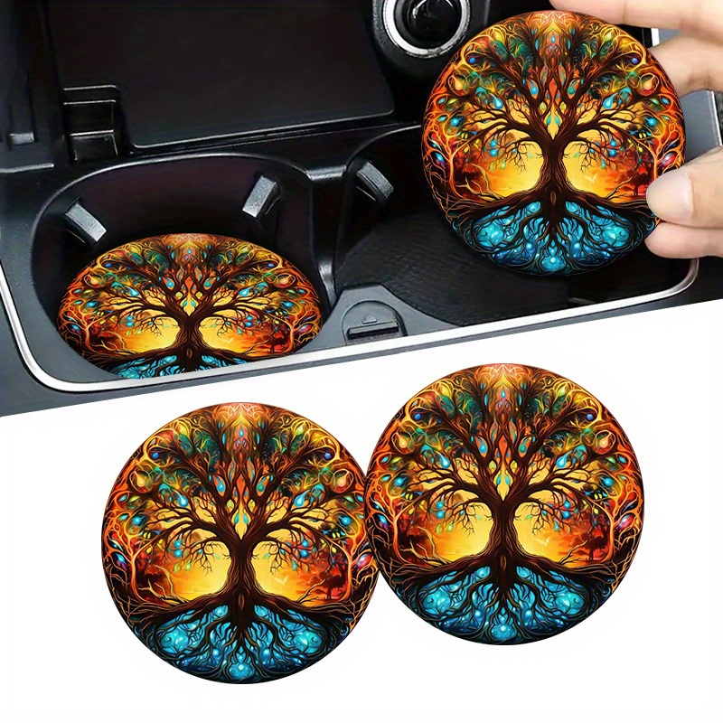 

2pcs Of Tree Pattern Car Coasters, 2.75-inch Car Non-slip Drink Cup Mat, To Your Car Cup Holders Leather Coaster, , Car Interior Accessories Mat For Women Men, Party Gifts