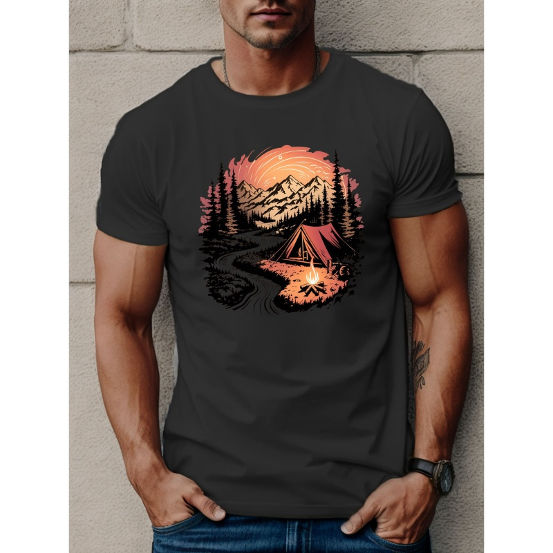 

Mountains And Rivers Creative Print Casual Novelty T-shirt For Men, Short Sleeve Summer& Spring Top, Comfort Fit, Stylish Streetwear Crew Neck Tee For Daily Wear