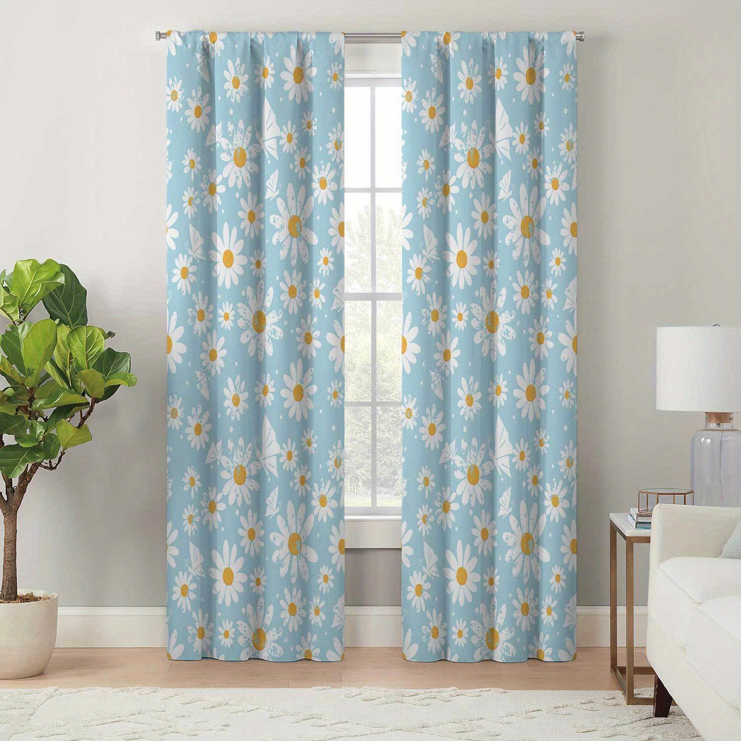 

Boho Chic Daisy Print Jacquard Polyester Curtains With Tie Back - Pastoral Theme, Easy Care Machine Washable Drapes For Living Room - Elegant Seasonal Charm, Durable And Easy To Hang