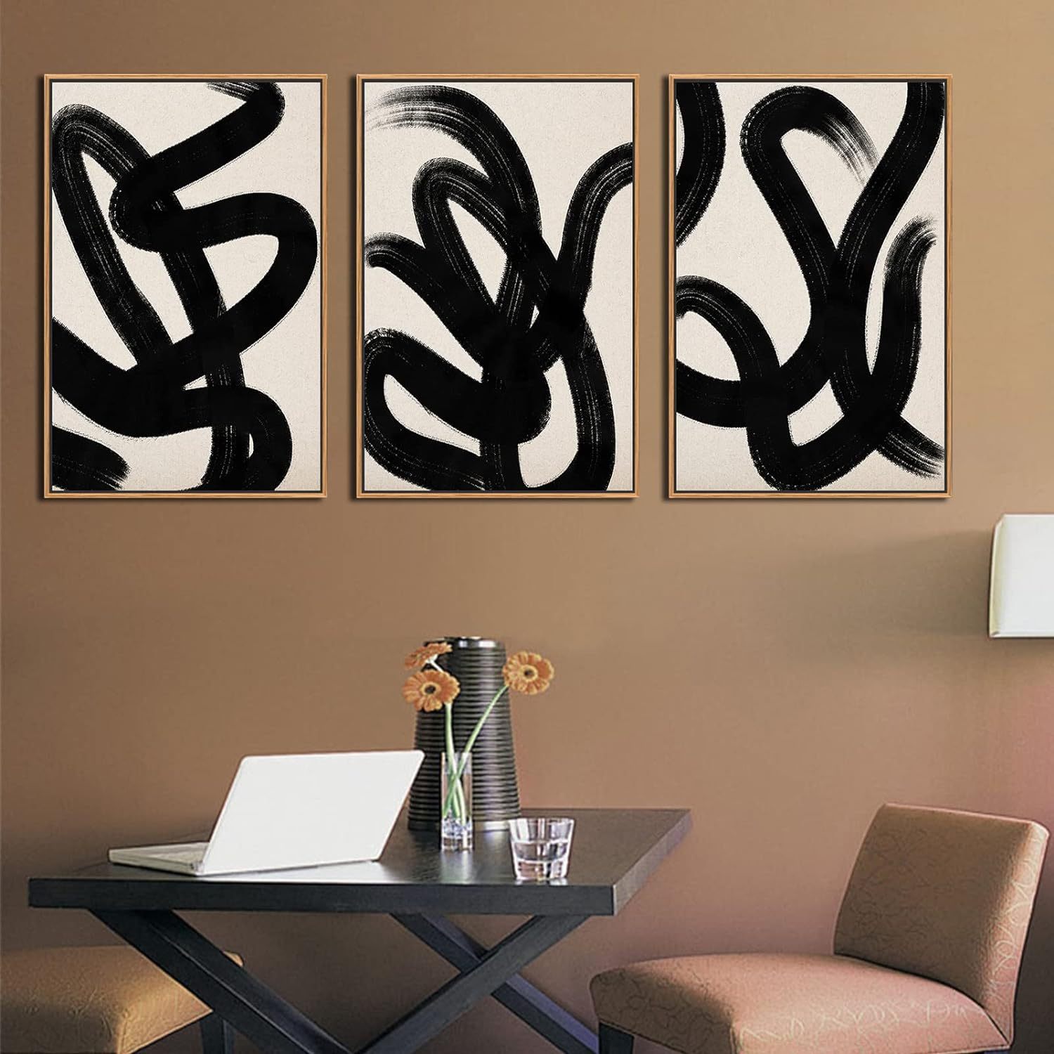 

Wall Art Canvas Set Abstract Lines Pictures Modern Mid Century Boho Wall Decor Minimalist Abstract Black Stroke Lines Canvas Painting Artwork Living Room Bedroom Home Office 16"x24"x3 Natural