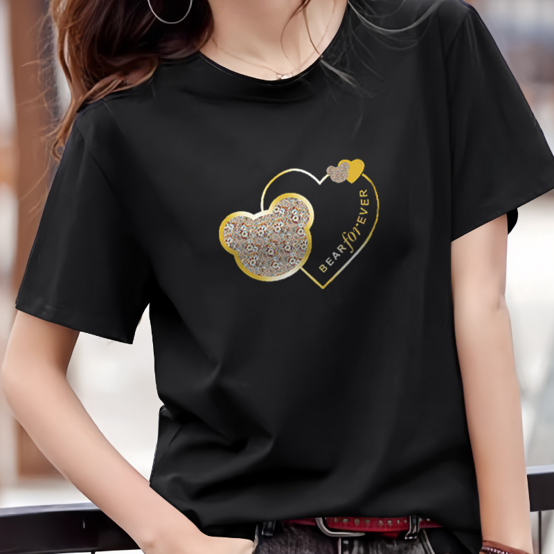 

Bear & Heart Print Crew Neck T-shirt, Casual Short Sleeve Top For Spring & Summer, Women's Clothing