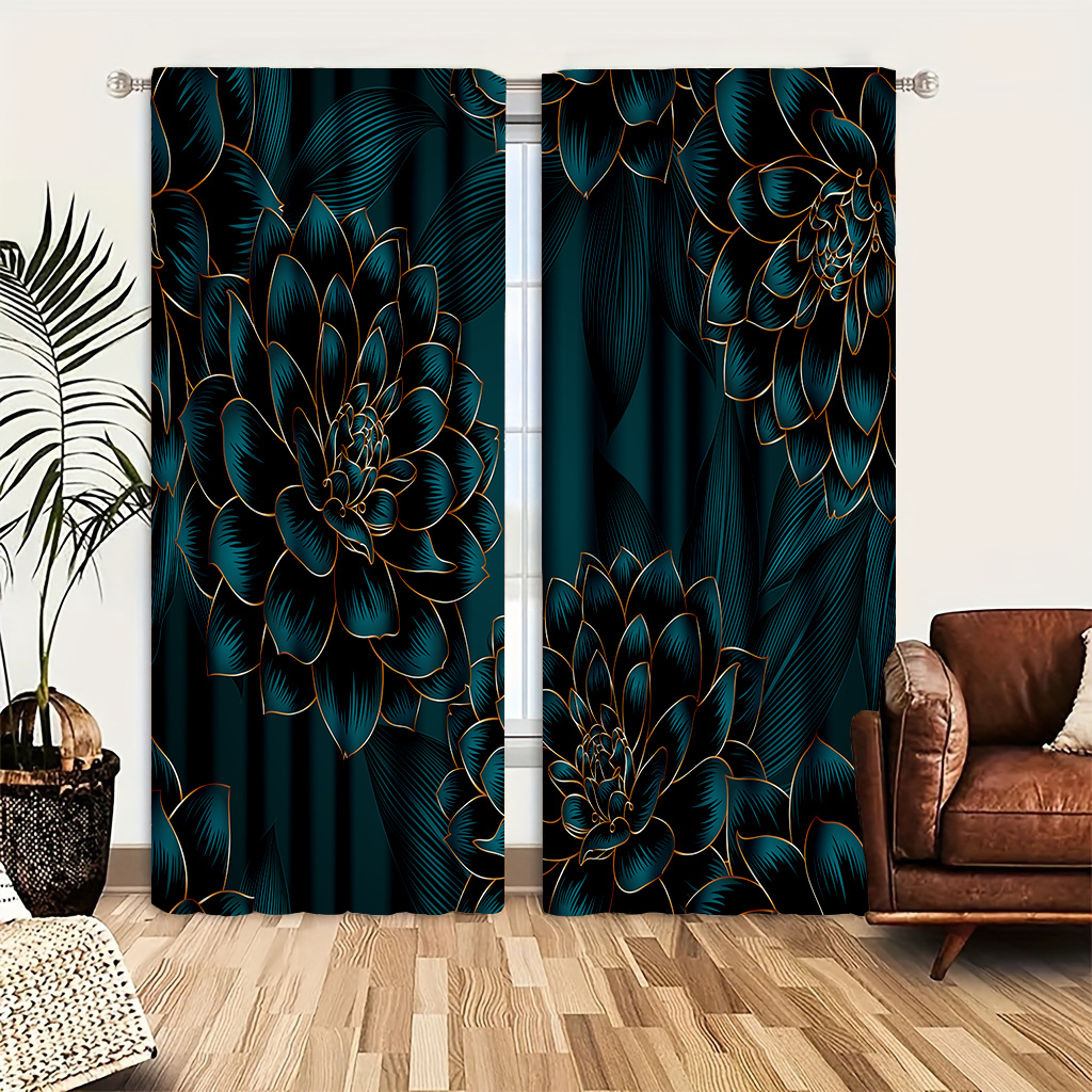 TEMU 2pcs/set Luxury Blue Flower Pattern Door Curtains Cartoon Curtains Light And Feel For Cozy Bedroom Chic Office Stylish Kitchen Living Room And