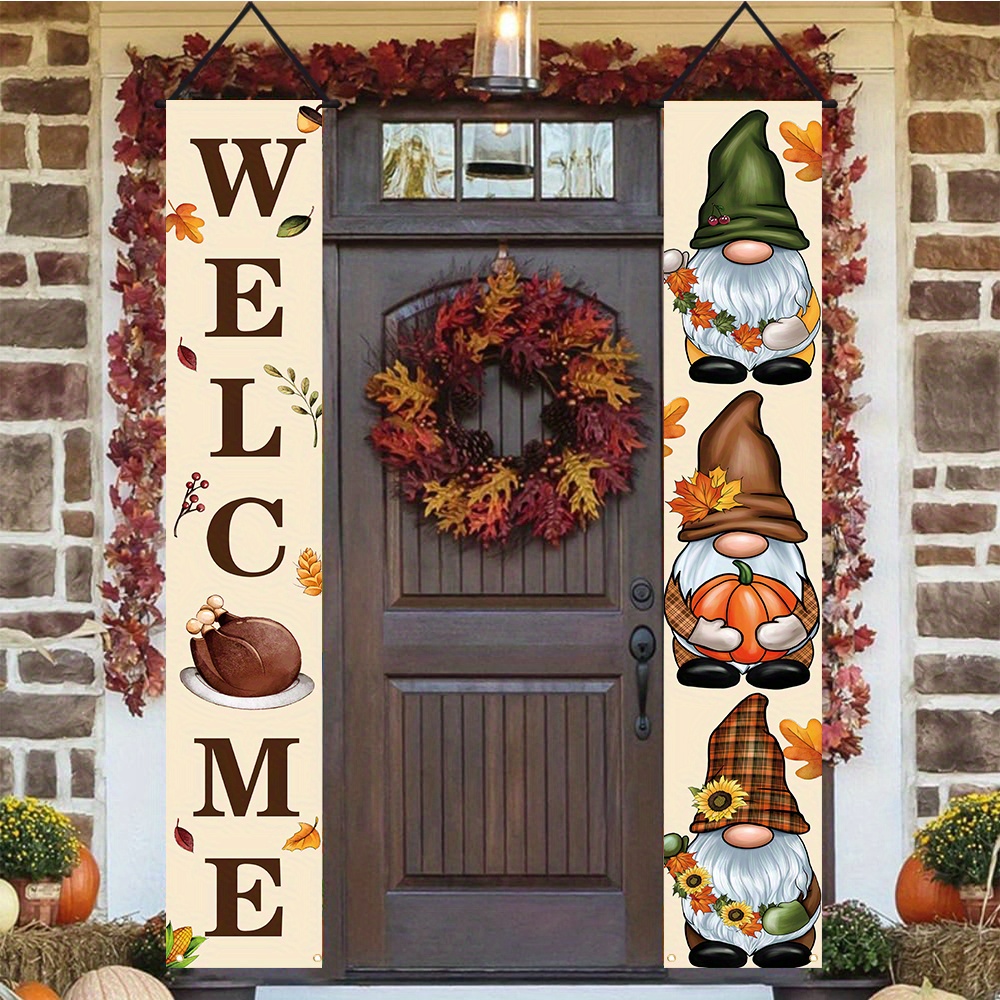 

Festive Fall Welcome Banner: Durable Polyester, Gnome Fireplace, Maple Leaves, Thanksgiving Decor, Harvest Home Wall Outdoor