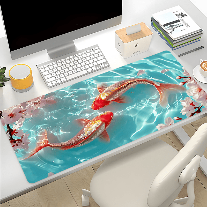 

Large Koi Fish And Cherry Blossom Water Ripple Desk Mat - Natural Rubber Oblong Mouse Pad With Non-slip Base For Office, Gaming, And Computer Accessories - 35.4x15.7 Inches