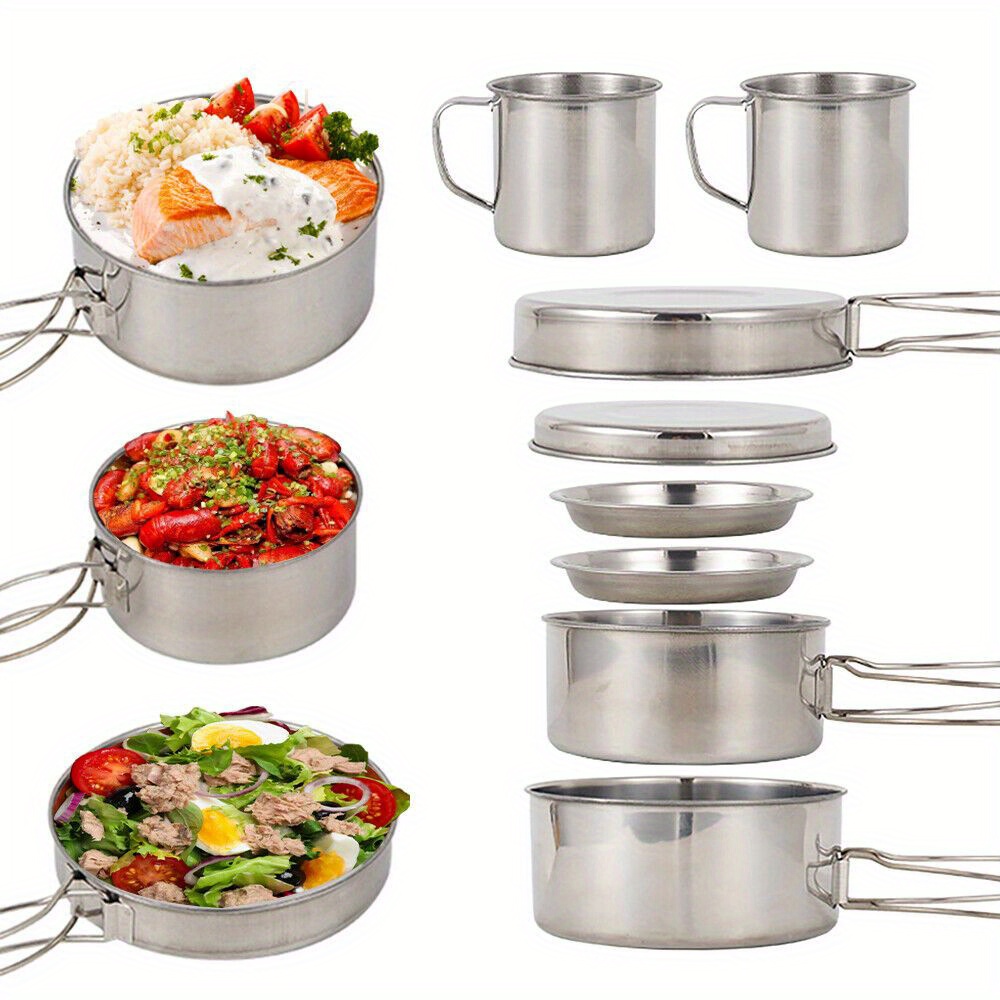 

8pcs/set, Camping Cookware Set, Stainless Steel Pots, Pans, Bowls, Cups & Utensils Set, Portable For Outdoor Hiking Cooking Picnic Camping