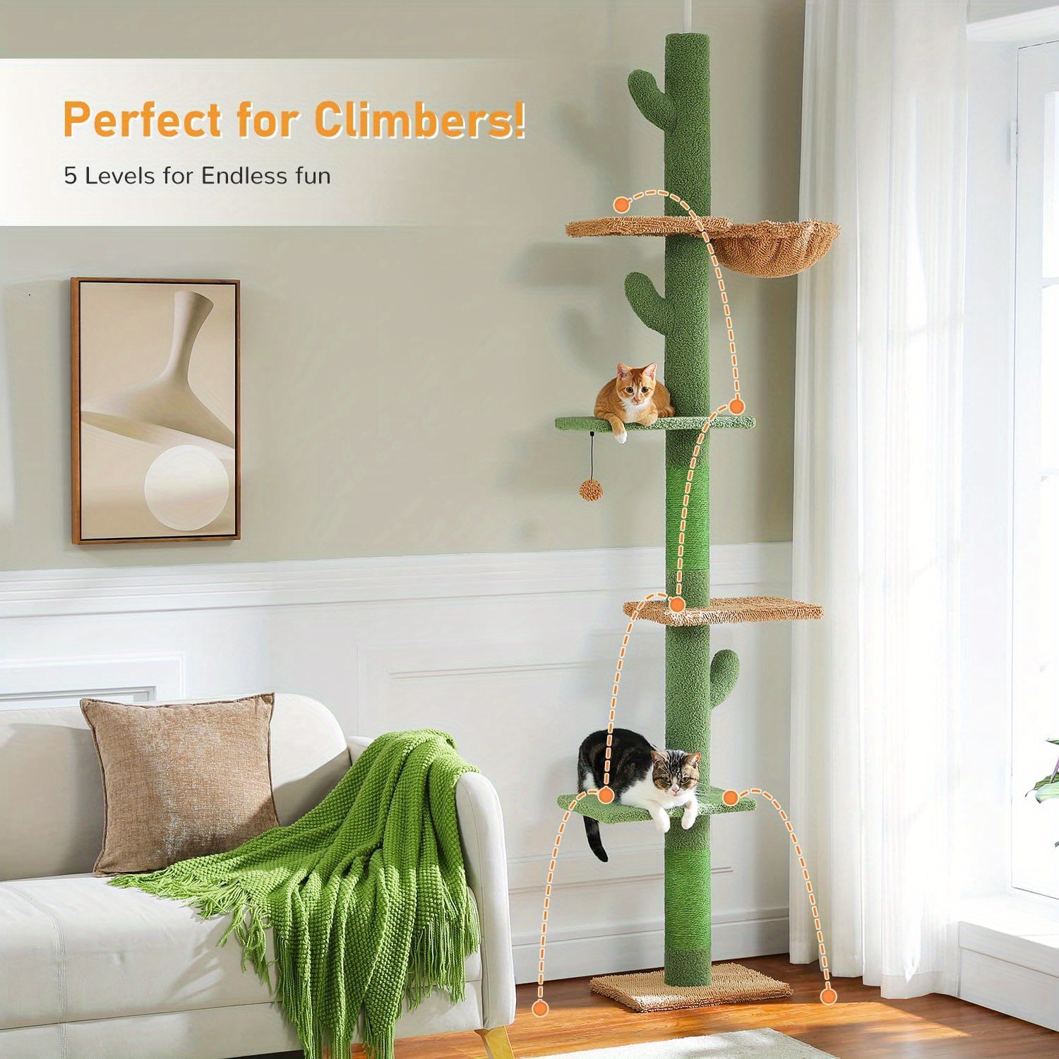 

Cactus Floor To Ceiling Cat Tower With Adjustable Height (95-108 Inches), 5 Level Cat Climbing Tower With Cozy Hammock, Platforms And Dangling Balls For Indoor Cats