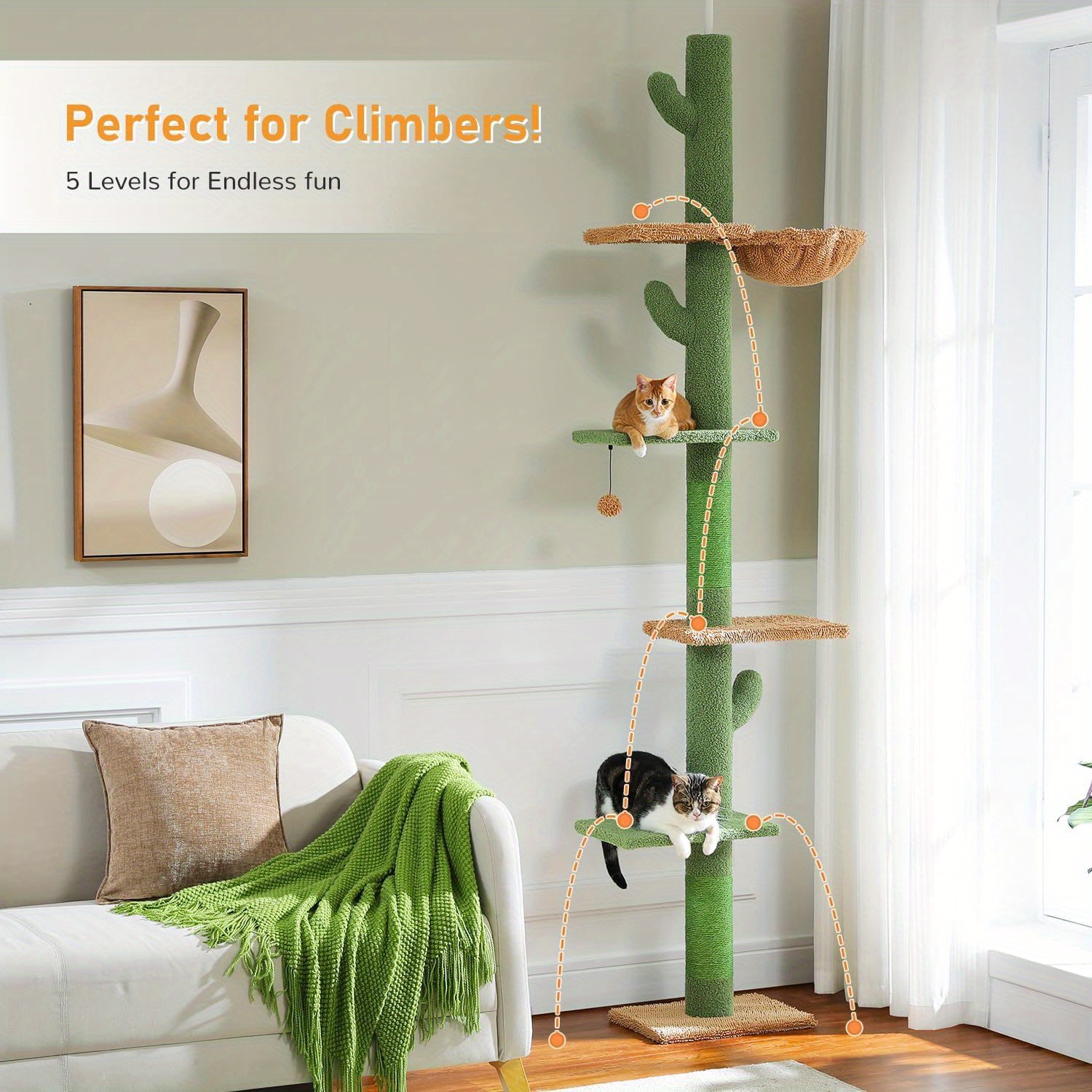 

Cactus Cat Tower With Adjustable Height (95-108 Inches), Cat Climbing Tower With Cozy , Platforms And Balls For Indoor Cats