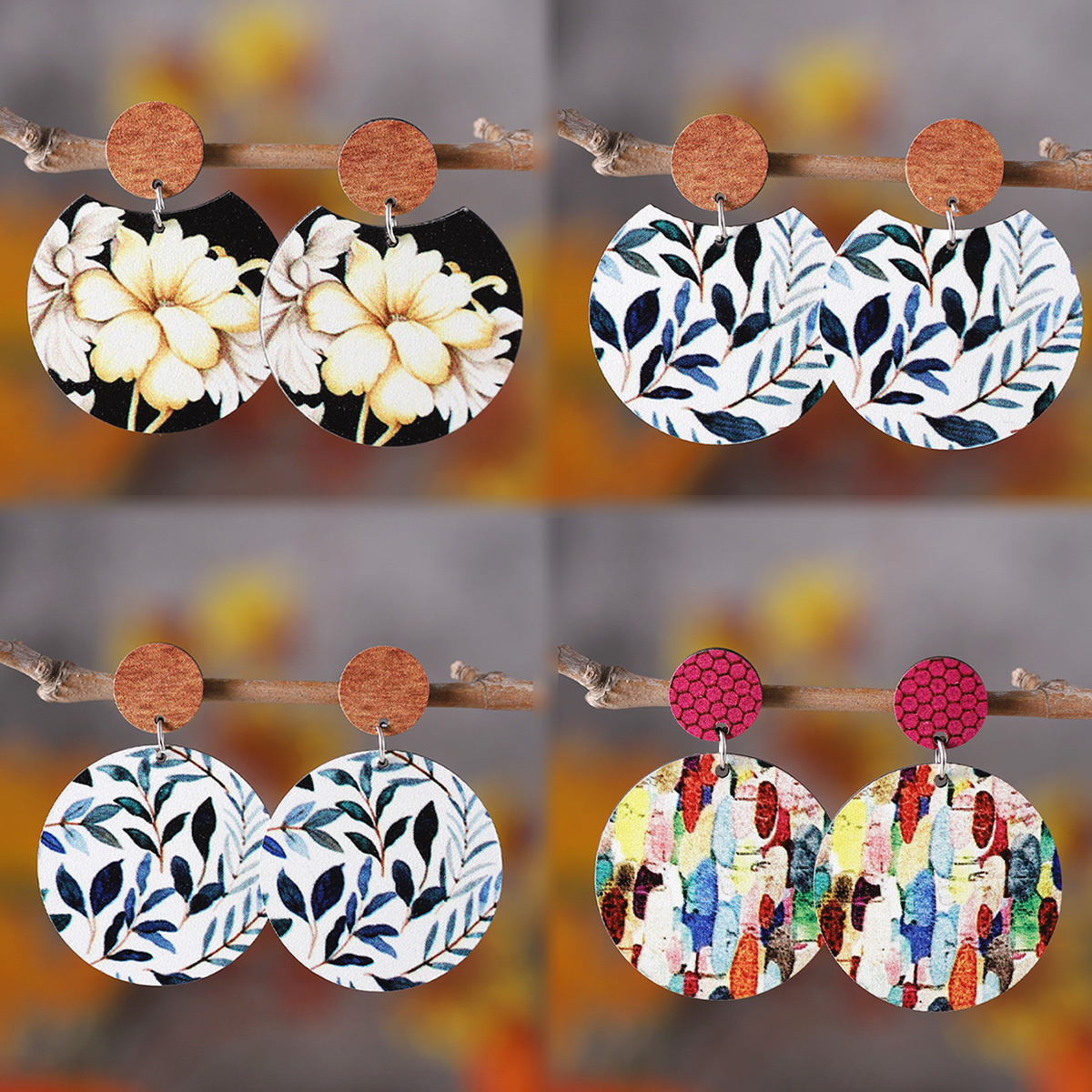 

Bohemian Vintage Leaf & Floral Hand-painted Old-finish Pendant Earrings For Women, Double-sided Wooden Round & Crescent Shape Stud Earrings, Vacation Style Birthday Gift Jewelry Set