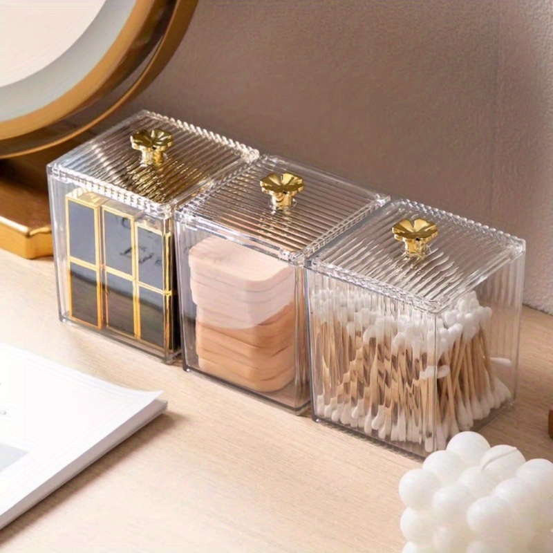 

Luxury Acrylic Makeup Organizer Box Set - Lightweight Dust-proof Storage For Cotton Swabs, Makeup Remover Pads, Toothpicks - Elegant Freestanding Cosmetic Beauty Sorter With Golden Bee Accent