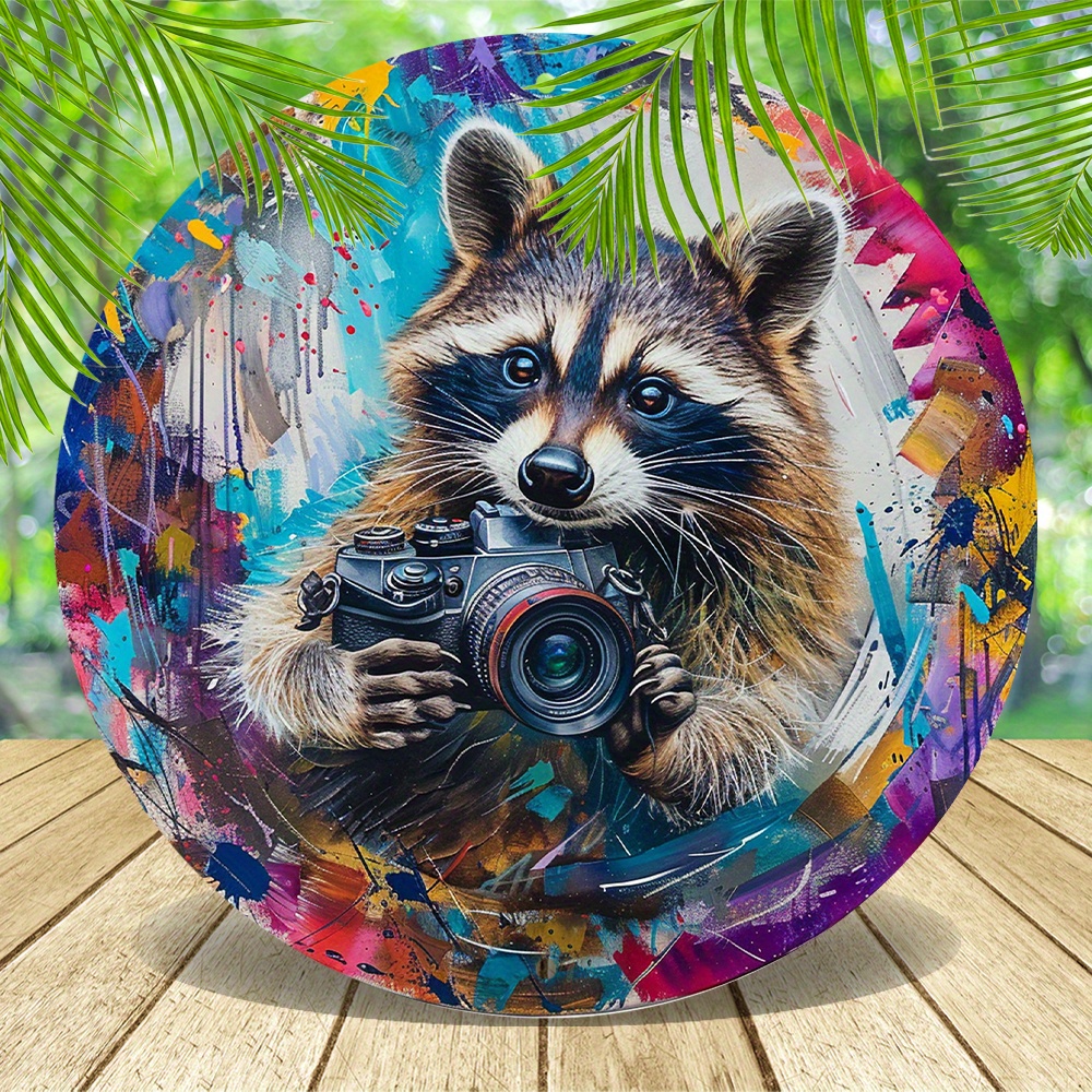 8x8 inch aluminum metal sign raccoon holding camera design Temu Oman
