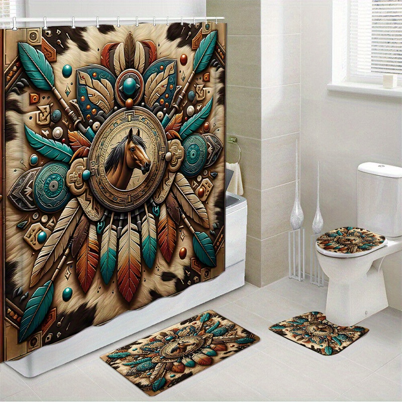 

1pc/4pcs Waterproof Shower Curtain Set With 12 Hooks And Bath Mats Toilet Covers Seat For Bathroom Non-slip Rug Carpet Polyester Fabric Curtain For Windows Bathroom Accessories Home Decor