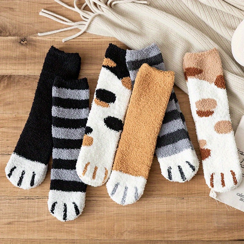 

3 Pairs Women's Mid-calf Coral Fleece Socks, Cute Cat Paw Design, Sweat-absorbent Warm Fuzzy Knit Polyester Socks, Animal Pattern Autumn Socks