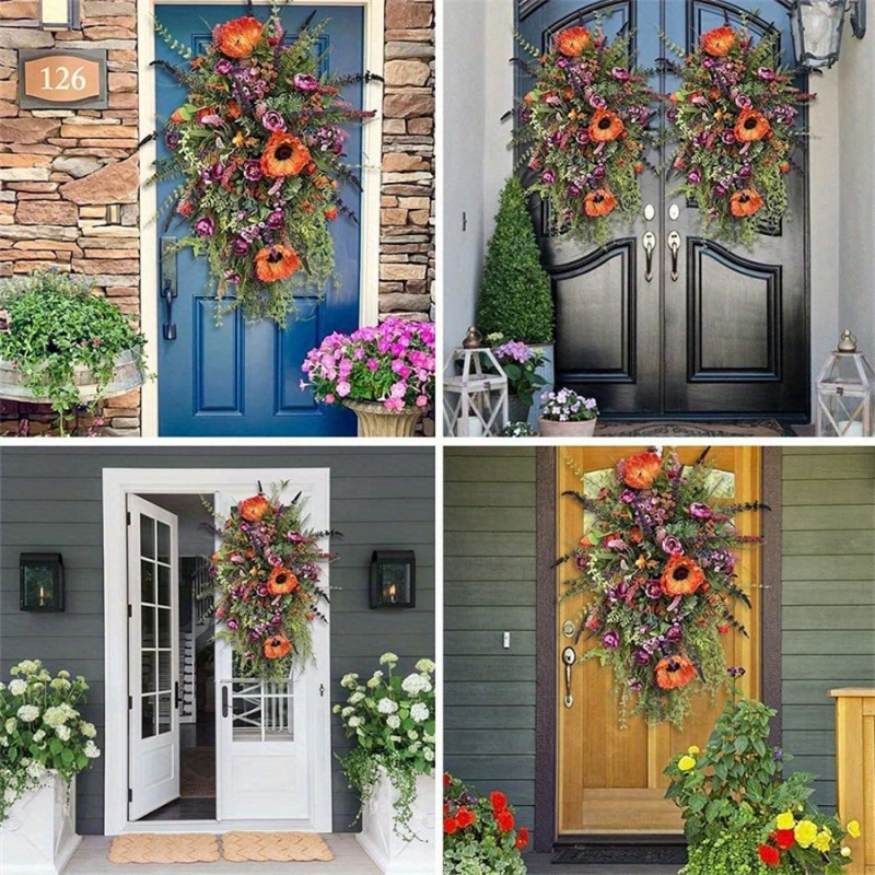 

Artificial Fall Harvest Teardrop Wreath Autumn Sunflower Wreath Door Hanging Ornaments Fall Teardrop For Thanksgiving Fall Festival Decor