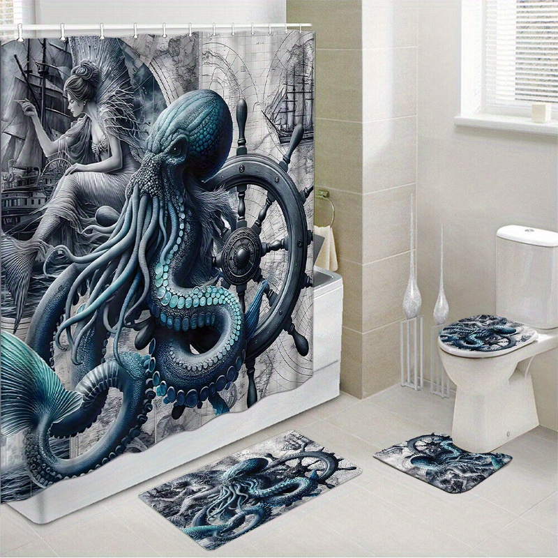 

Shower Curtain Set 12 , Bath Mats, Lid , And Rug, - Polyester Bathroom Decor , Sea