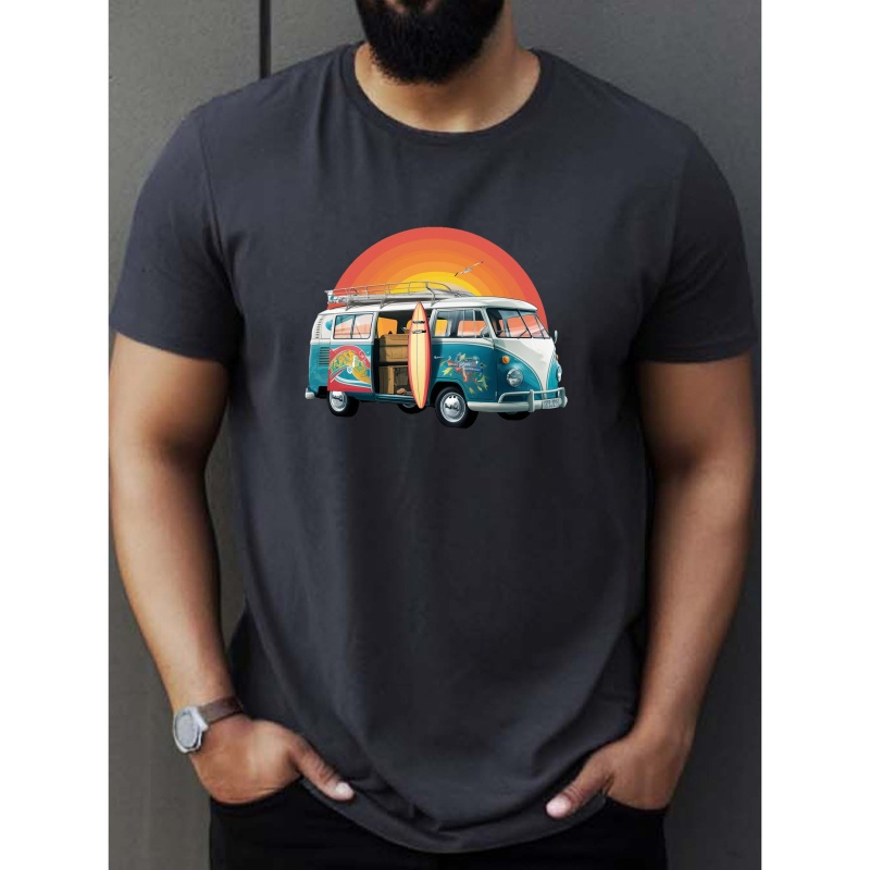 

T-shirt imprimé Surf Van Beach, T-shirts pour hommes, T-shirt décontracté à manches courtes pour l'été