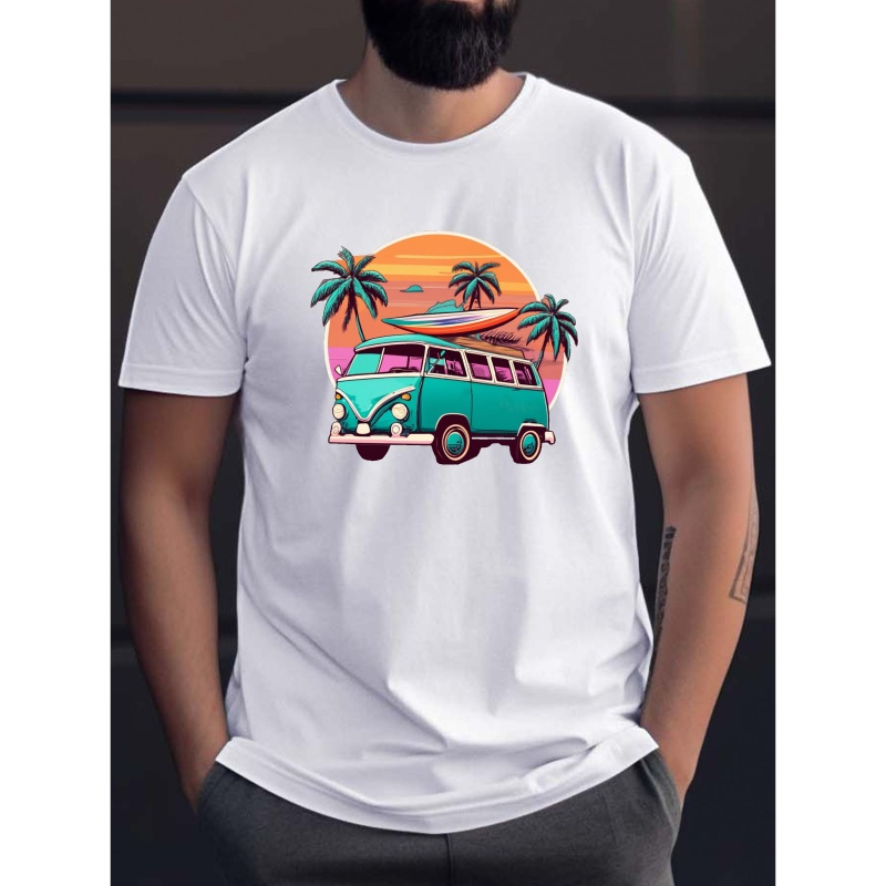 

Summer Surf Van Print Tee Shirt, Tees For Men, Casual Short Sleeve Versatile T-shirt For Summer