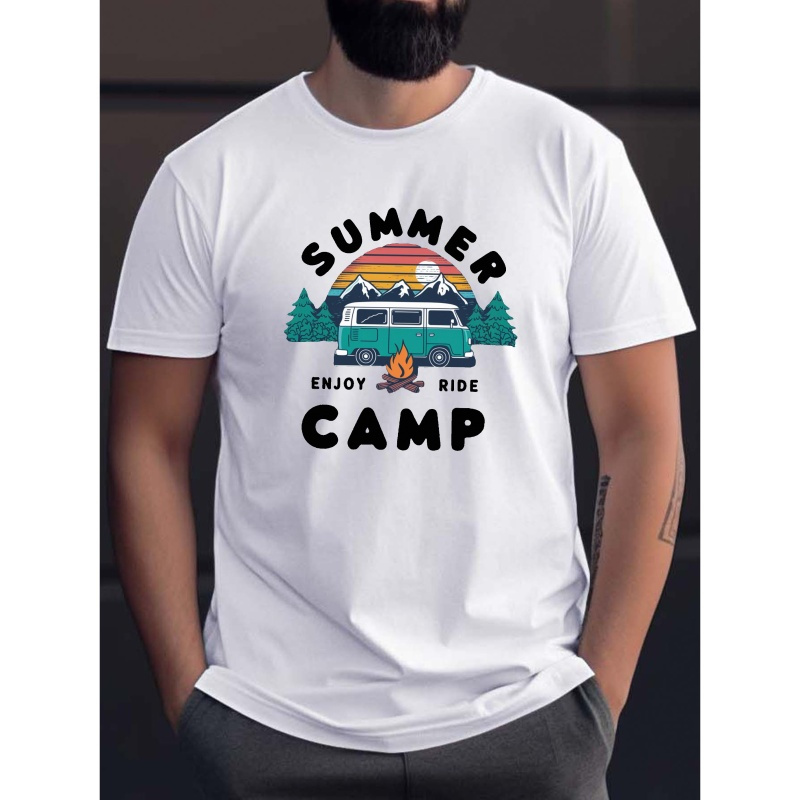 

Summer Camp Van Print Tee Shirt, Cool Tees For Men, Casual Short Sleeve T-shirt For Summer And Spring