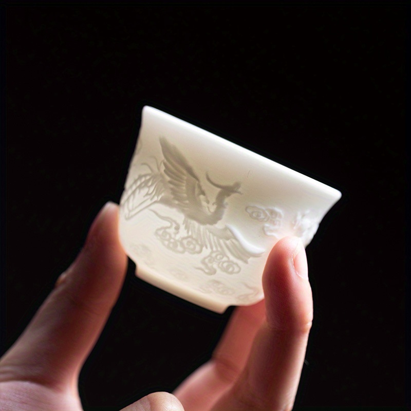 

Handcrafted Dragon & Phoenix White Porcelain Tea Cup - Sheep Fat Jade Finish, Vegetarian Fired Kung Fu Ceramic Master Tasting Cup