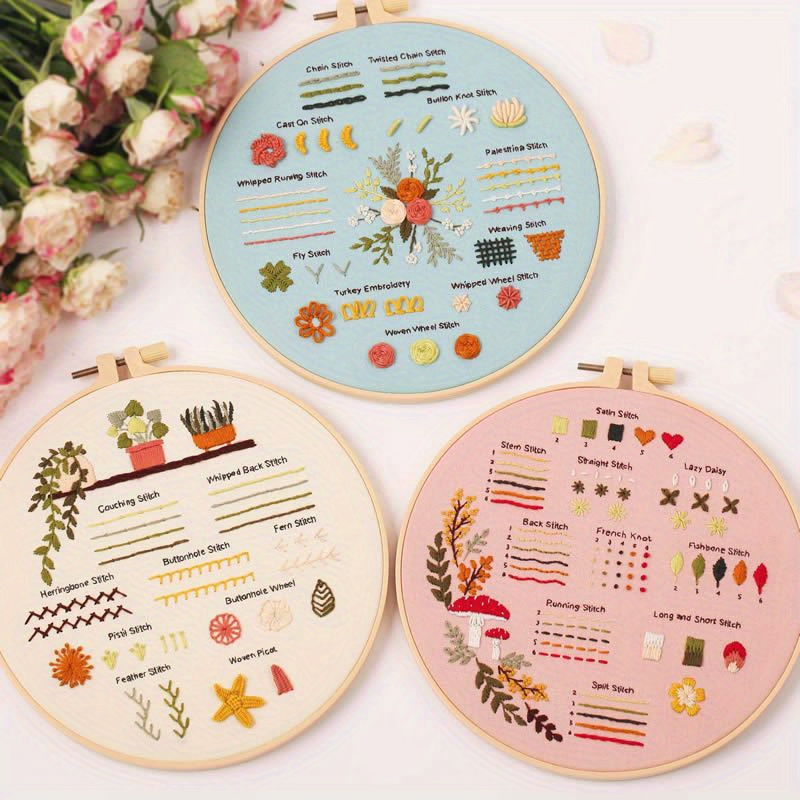 

3-piece 3d Embroidery Starter Kit For Beginners: Includes Embroidery Cloth With Flower Patterns, Hoop, Threads, Needles, And Instructions