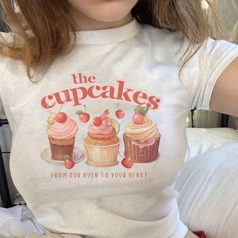 

Cakes Print Crew Neck T-shirt, Y2k Slim Short Sleeve T-shirt For Spring & Summer, Women's Clothing