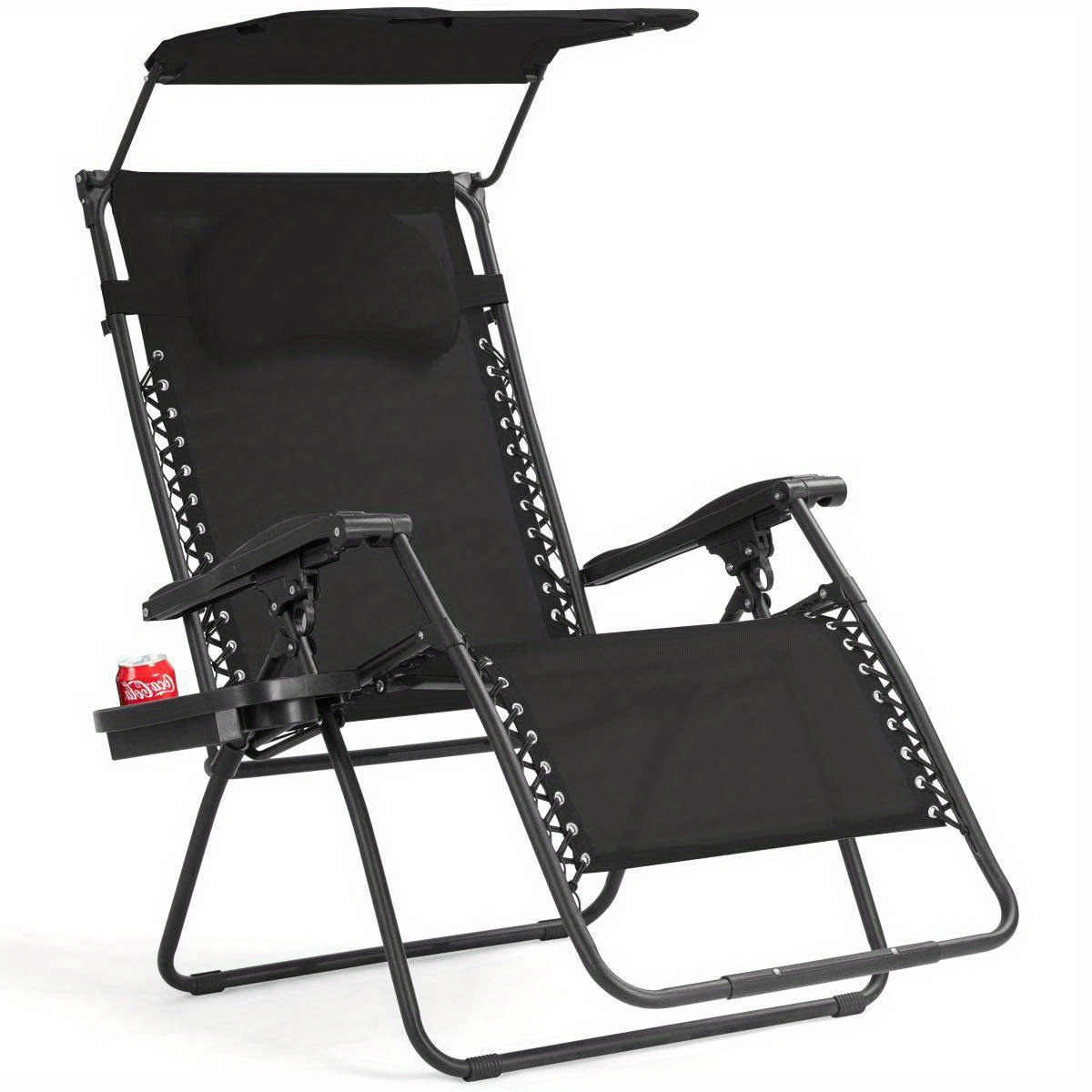 

Safstar Folding Recliner 0 Gravity Lounge Chair W/ Shade Canopy Cup Holder Black