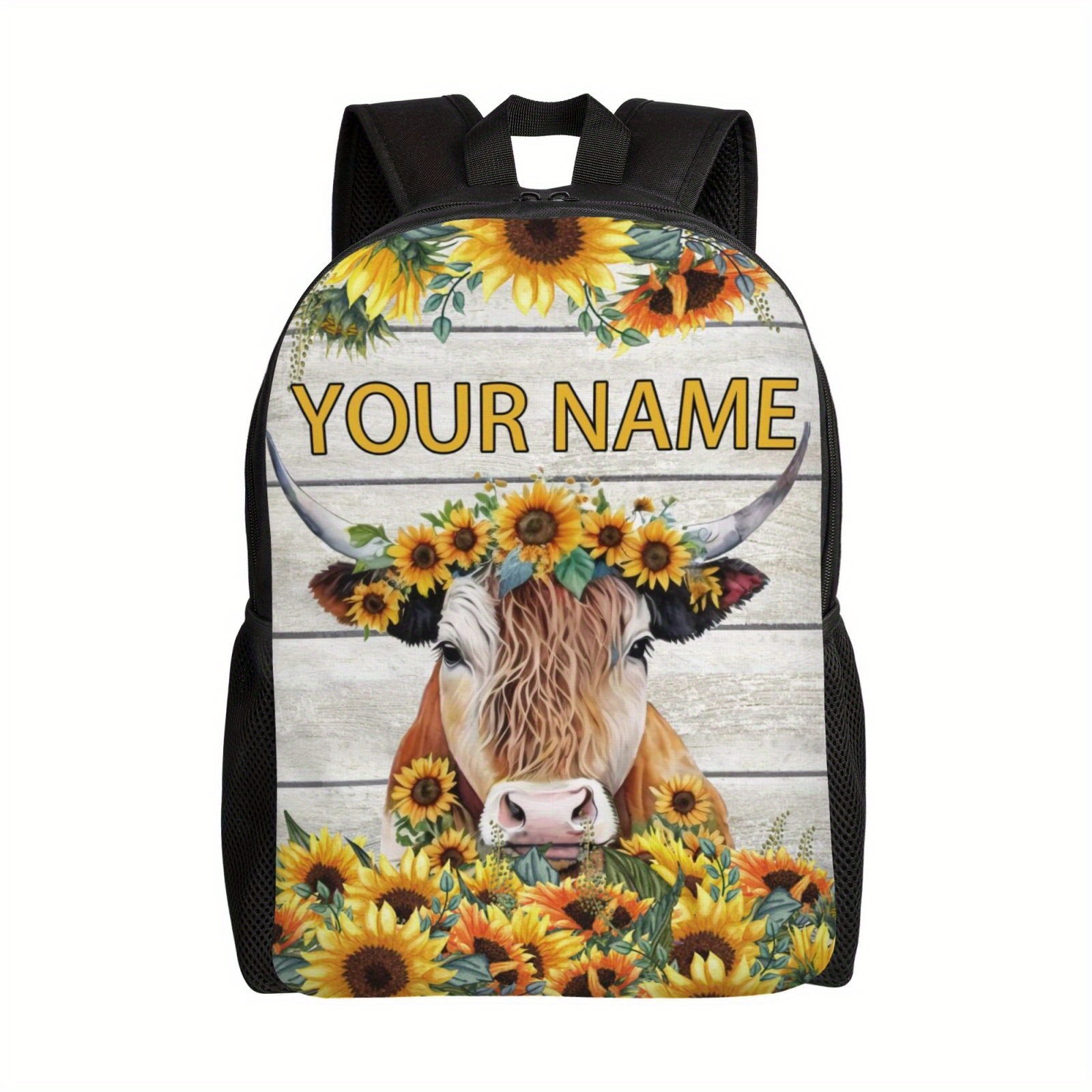 

Custom Backpack, Personalized For Men Women Students, Colorful Sunflowers Cow Backpack With Name, Customized Casual Backpacks Gifts For Picnic Travel Camping, School, Work, Business Trips And Sports