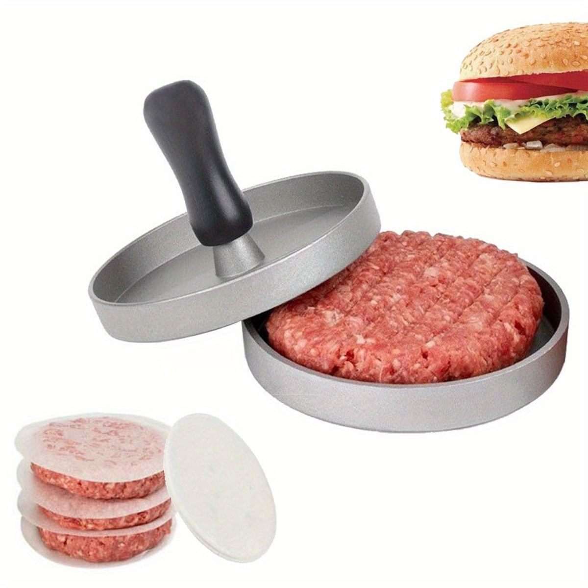 aluminum burger press patty maker with non stick coating and wax paper discs kitchen gadget for perfect hamburger patties food contact safe cookware details 0