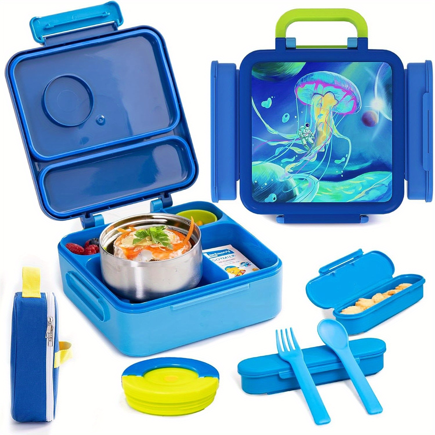

Haixin Bento Box For Kids - Insulated Lunch Box With Thermos For Hot Food, Leak-proof Kids Lunch Box With Cutlery And Snack Box, 4-compartments Lunch Container For School Outdoors Office (blue)