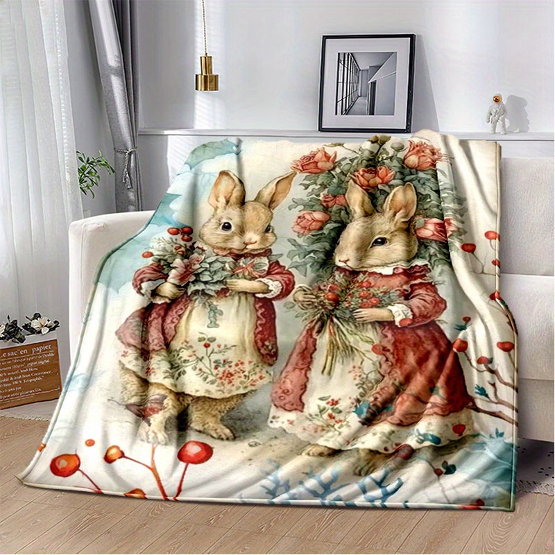 

Rabbit-themed Polyester Throw Blanket - Decorative Sofa And Chair Mat - Vintage Floral Design, Cozy Multipurpose Blanket For All Seasons - Large Size, 100% Polyester, Indoor/outdoor Use