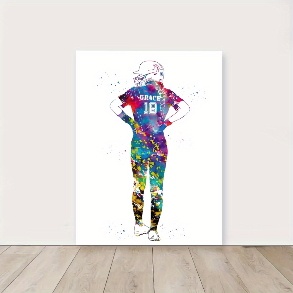 

Custom Watercolor Softball Girl Canvas Art 12"x16" - Personalized With Name & Number, Perfect Gift For Teens & Up