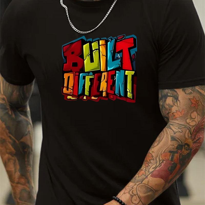 

Built Different Letter Graphic Print Men's Creative Top, Casual Short Sleeve Crew Neck T-shirt, Men's Clothing For Summer Outdoor