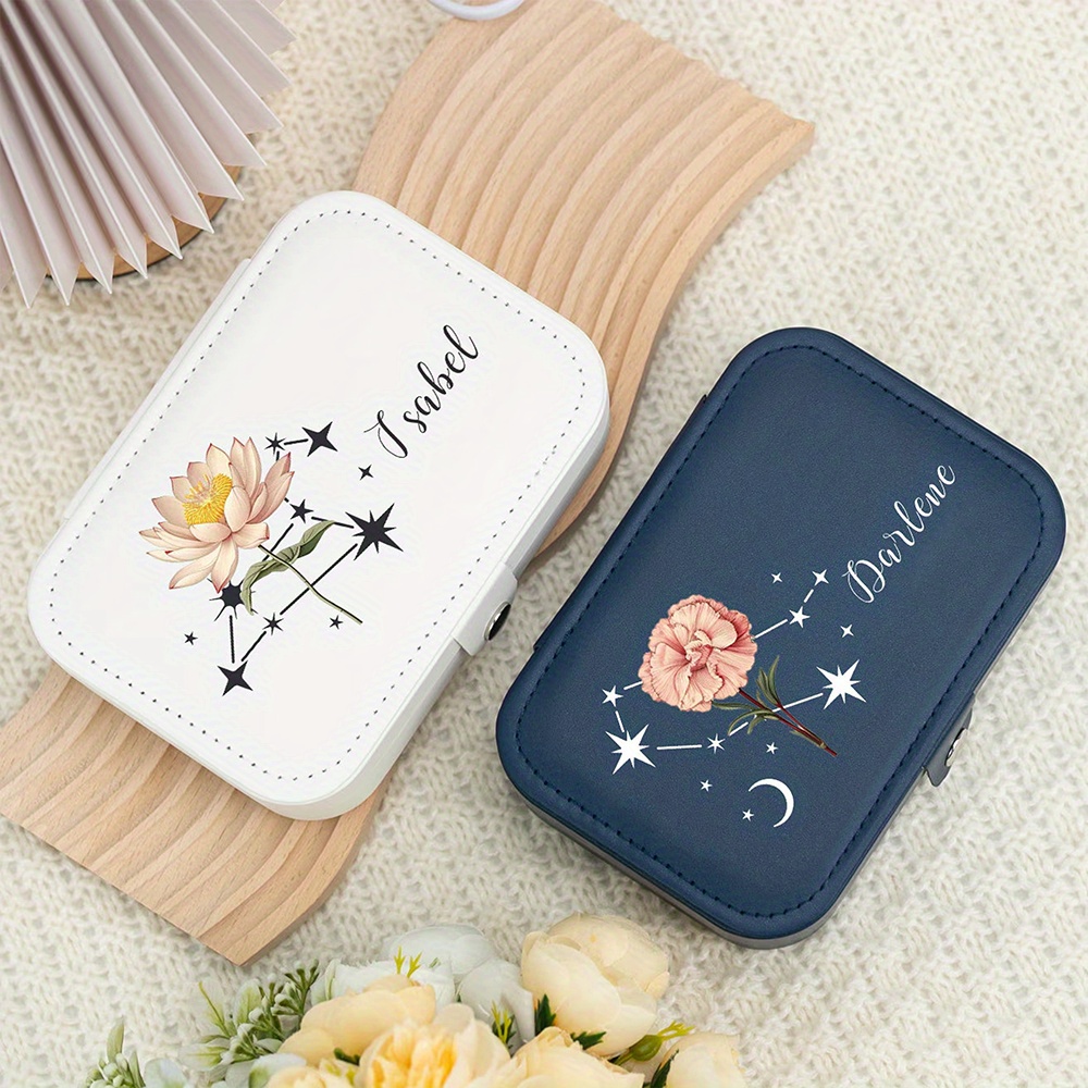 

Personalized Birthflower & Zodiac Sign Jewelry Box: Rectangular, Zip Closure, Multi-purpose, Leather, Constellation Design, Perfect Gift For Mom, Bridesmaid, Or Birthday