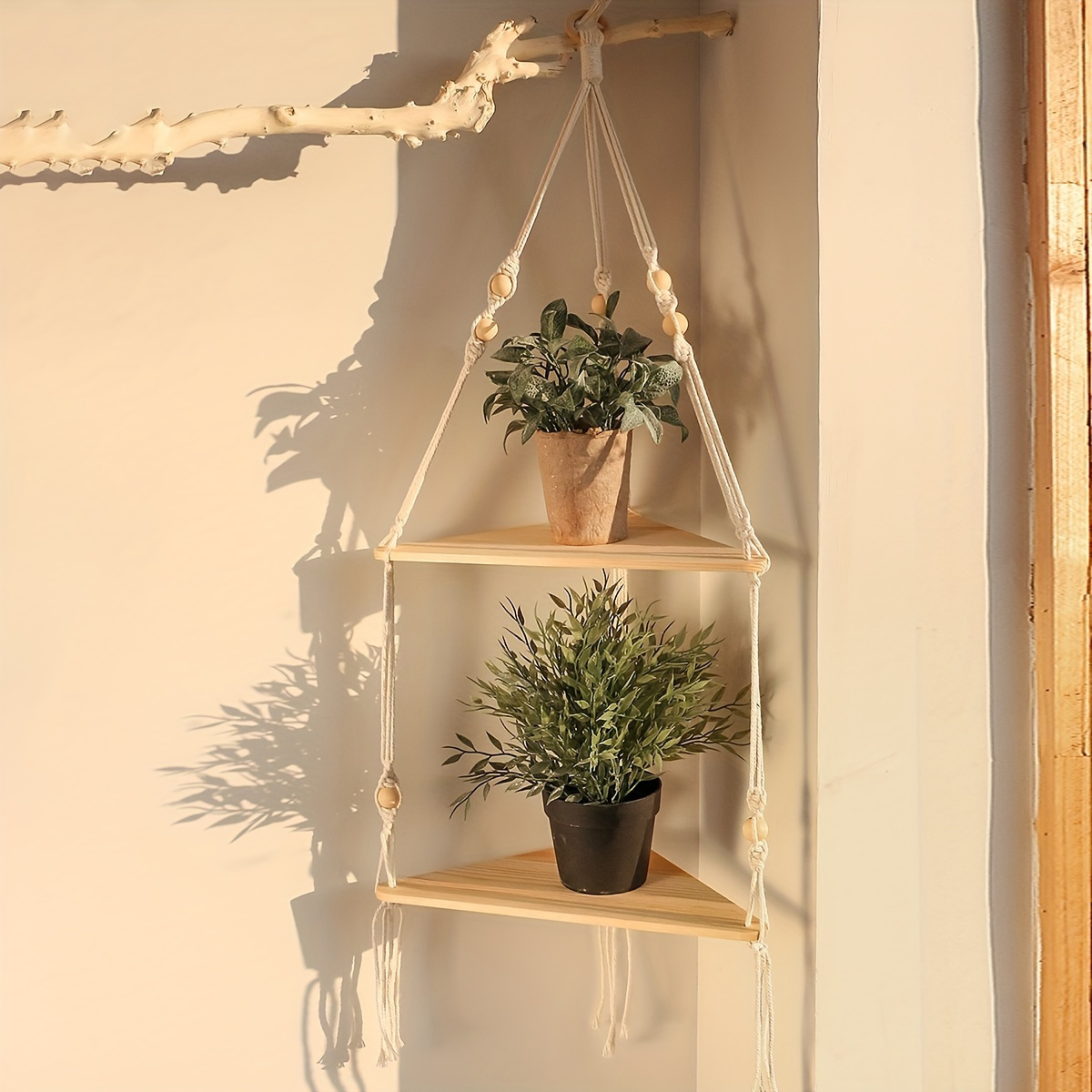 

1 Bohemian Wooden Hanging Shelf - Floating Wall Rack With Macrame Detail, Ideal For Potted Plants & Succulents, Home, Bedroom, Living Room Decor, Decor