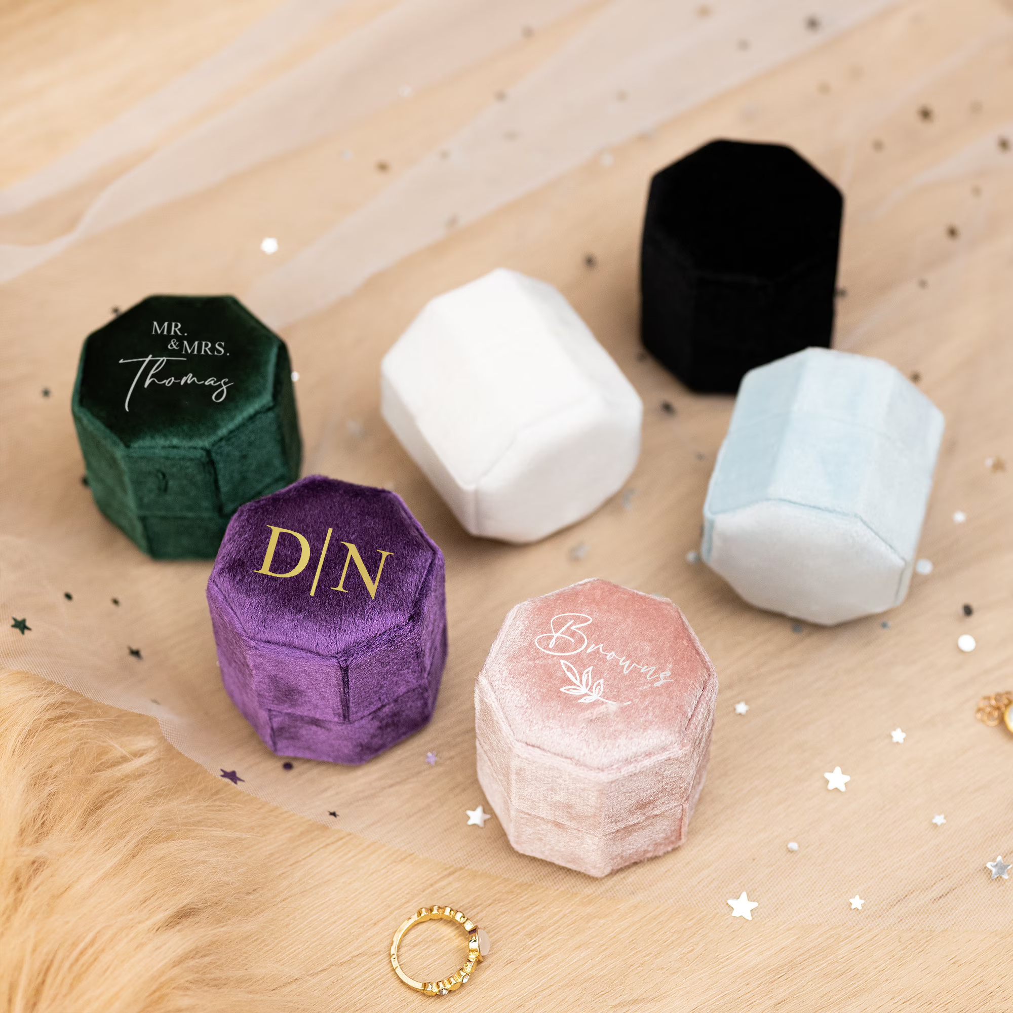 

Personalized Hexagonal Wedding Ring Box: Perfect For Proposals, Anniversaries, And Engagements - 3 Slots, Velvet Material, And A Touch Of Bohemian Style