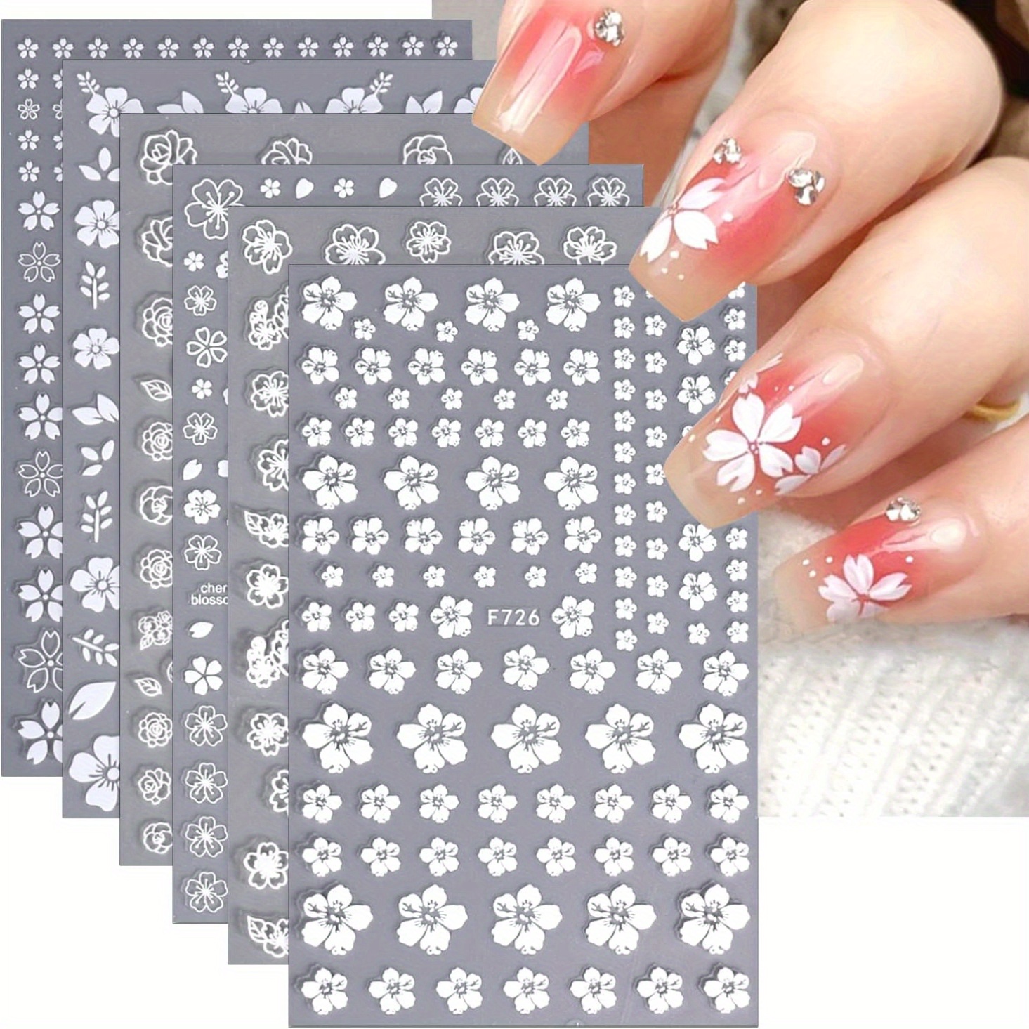 

6 Sheets White Nail Art Stickers, 3d Resin Flower Decals For Delicate Manicure, Self-adhesive Nail Supplies For Women's Nail Decoration