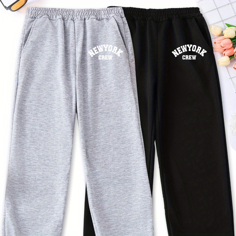 

2-piece Letter Print Sweatpants For Girls, Casual Style, Elastic Waist Joggers, Comfortable Leisure Pants, Black & Grey Set