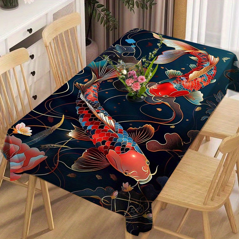 

Waterproof And Oil-proof Polyester Tablecloth With Colorful Koi Fish Print - Square Shape, Machine Woven, Perfect For Dining Table, Patio, Picnic, And Home Decor - 1pc