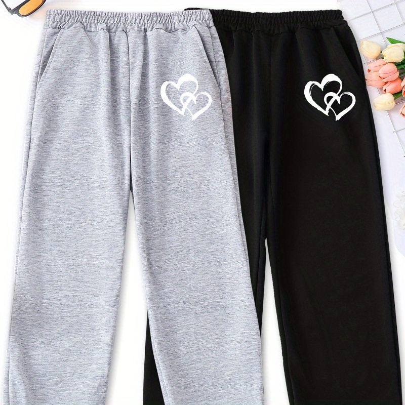 

2-piece Graphic Sweatpants For Girls, Casual Style, Elastic Waist Joggers, Comfortable Leisure Pants, Black & Grey Set