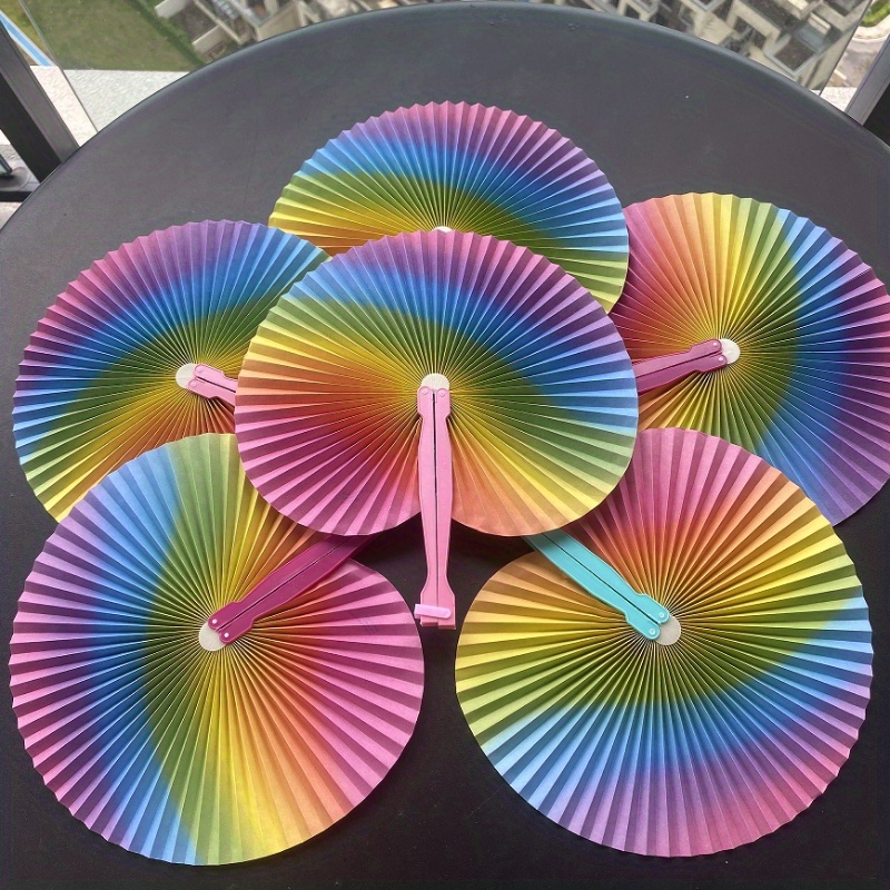 

6pcs Vibrant Rainbow Folding Hand Fans - Paper Fans With Plastic Handle, Wedding Favors, Summer Parties & Room Decorations, Rainbow Party Decorations