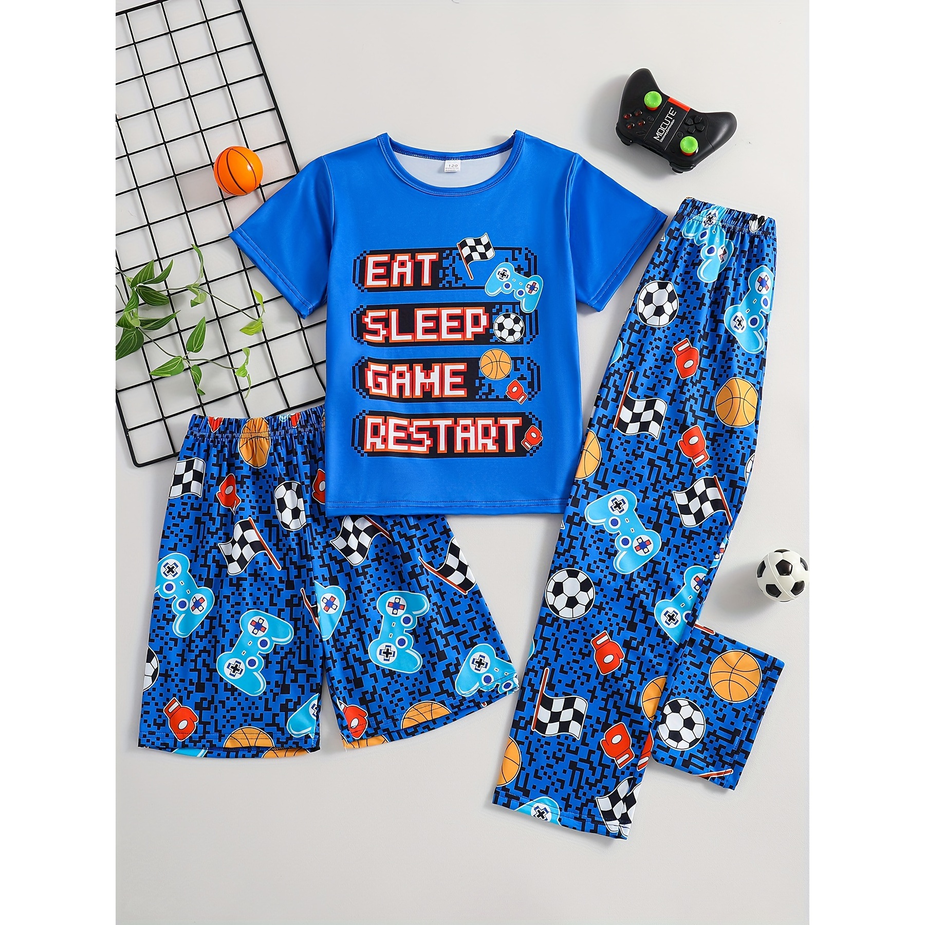 

3 Pcs Boy's Gamepad Letter Print Short Sleeve T-shirts & Elastic Shorts & Pants Pajama Set, Comfortable & Skin-friendly Style Pajamas For Boy's Cozy Loungewear