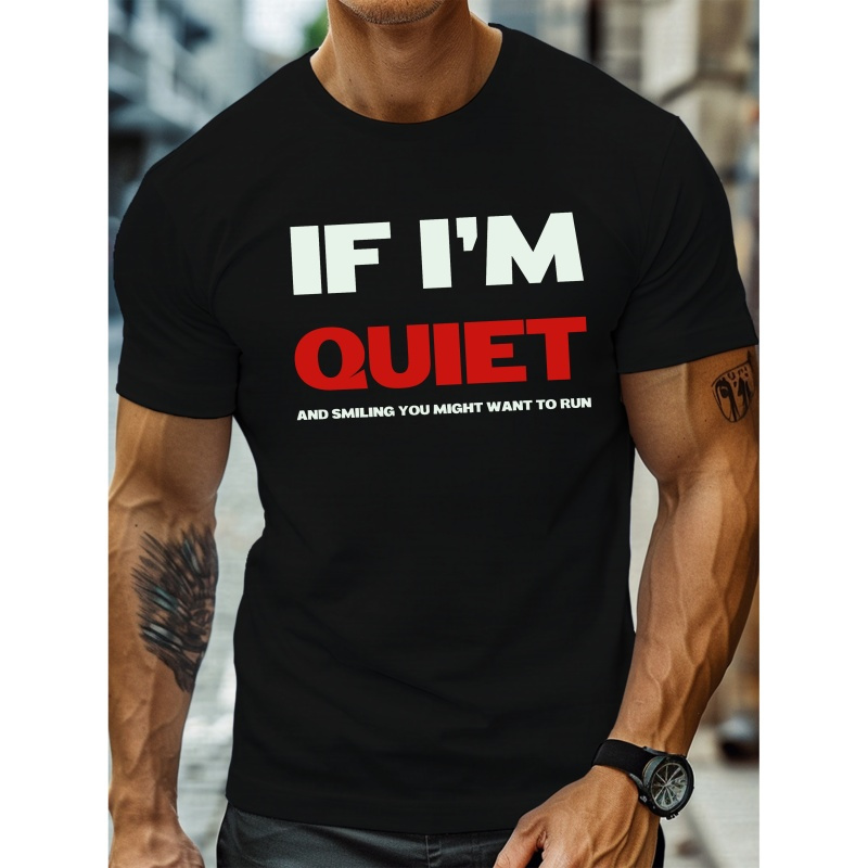 

Plus Size Men's Summer T-shirt, Quiet And Smiling Run Graphic Print Short Sleeve Tees Trend Casual Tops For Daily Life, Big & Tall Guys