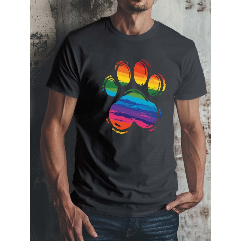 

Men's Casual Crew Neck Graphic T-shirt With Stylish Rainbow Paw Print, Trendy Printed Short Sleeve Top For Summer Daily Wear