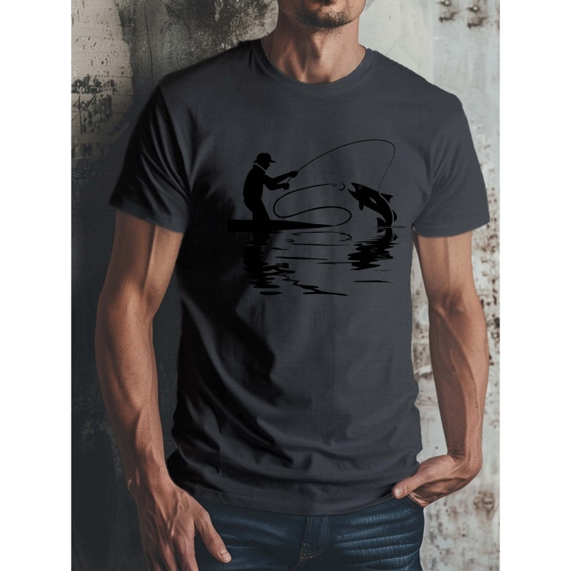 

Men's Casual Short Sleeve T-shirt With Unique Trout Fishing Silhouette Print - Breathable Polyester, Machine Washable - Summer