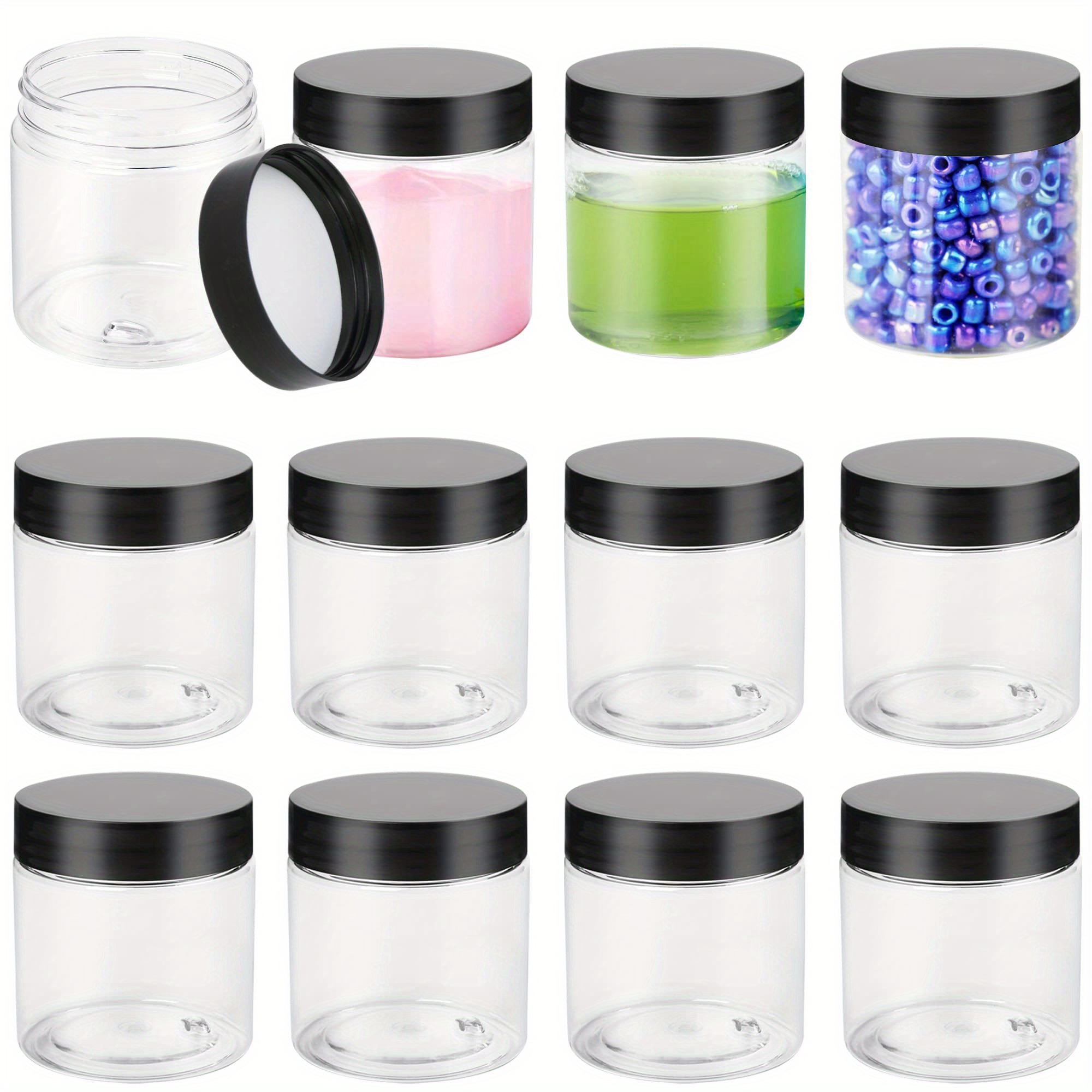 

12pcs 4oz Clear Plastic Jars With Black Lids, Round Cosmetic Containers For Lotion, Cream, Ointments, Makeup, Eye Shadow, Rhinestone, Samples, Diy Art Craft, Travel Accessories