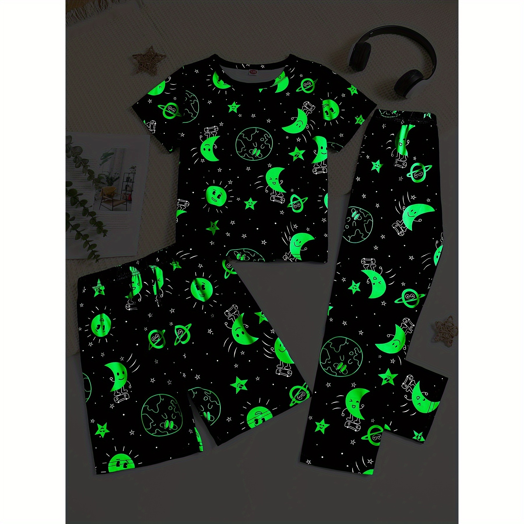 

3 Pcs Boy's Luminous Sun Moon Print Short Sleeve T-shirts & Elastic Shorts & Pants Pajama Set, Comfortable & Skin-friendly Style Pajamas For Boy's Cozy Loungewear